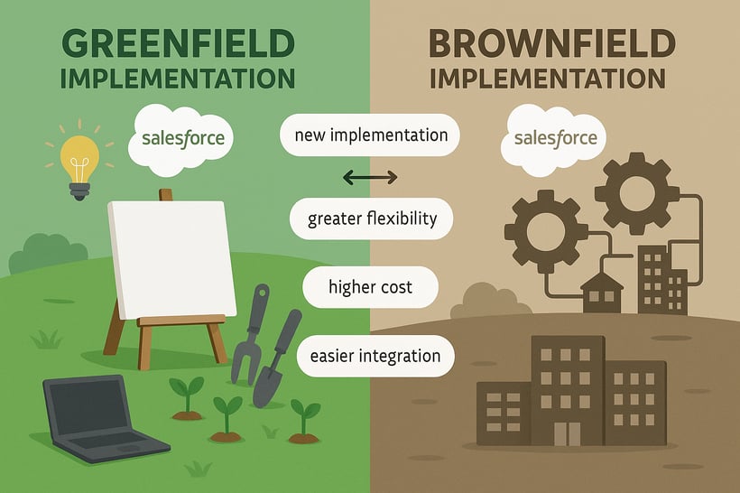 The image depicts a splitscreen infographic illustrating the concepts of Greenfield and Brownfield implementations in Salesforce On the left side a vibrant green landscape symbolizes Greenfield implementation featuring a blank canvas with tools and f