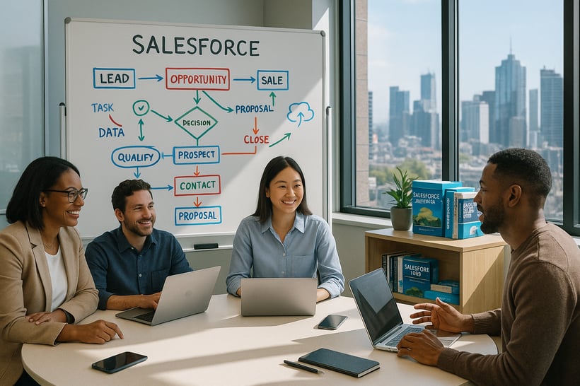 The image features a sleek modern office environment bathed in natural light In the foreground a large round table is surrounded by diverse professionals engaged in a brainstorming session with laptops open and digital devices scattered around A whit-3